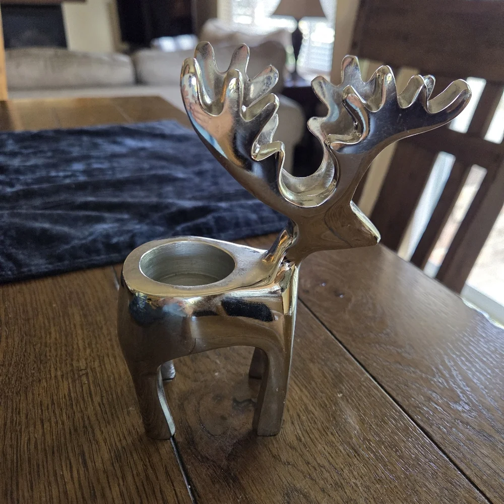 Crate & Barrel Contemporary Silver Reindeer Votive Candke Holder